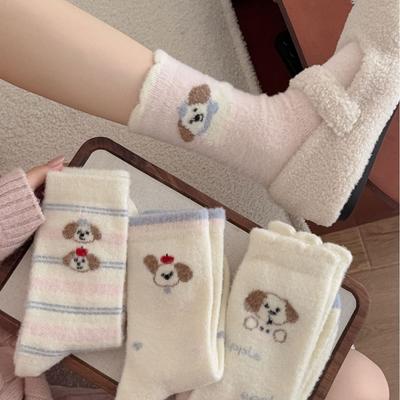 Damen Herbst Winter Verdickte Warme Niedliche Cartoon Welpe Gestreifte Spitze Rosa Nahtlose Mittelhohe Socken