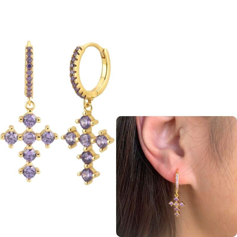 Damen 925 Silber Ohrstecker Lila Zirkon Ohrringe Creolen Lila Kristall Anhänger Ohrring Mode Hochzeits Schmuck
