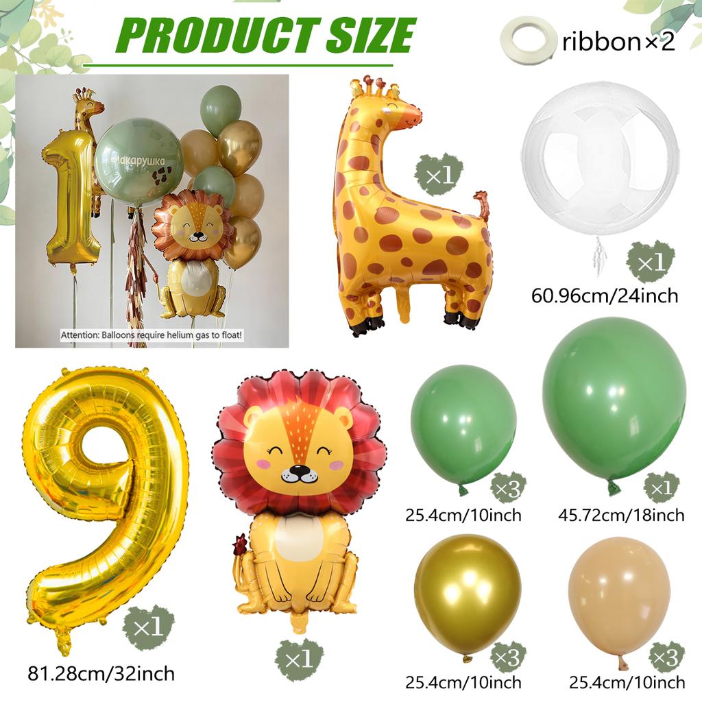 Set de ballons Lion Girafe Dessin Animé, Ballon Thème Animaux de la Jungle, Ballon Chiffre Doré 0-9, Décoration Fête d'Anniversaire Shower