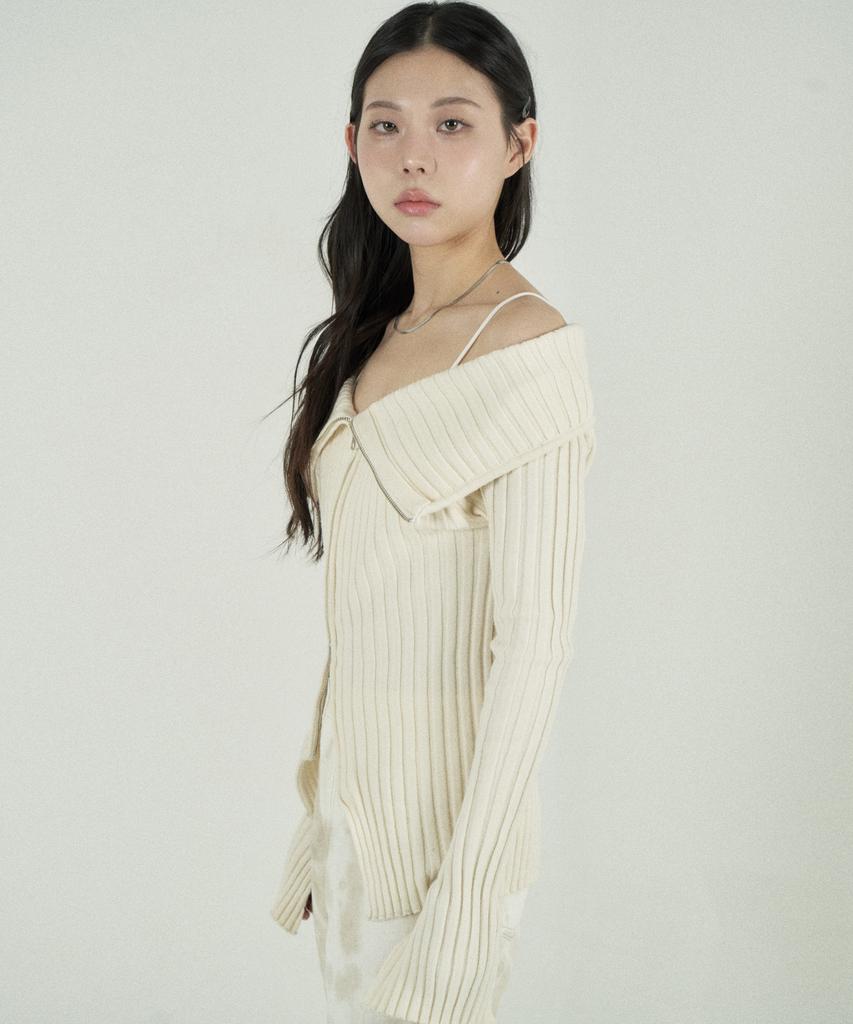 Tobaseu Off-Shoulder Two-Way Zip-Up Rib Knit (Ivory)