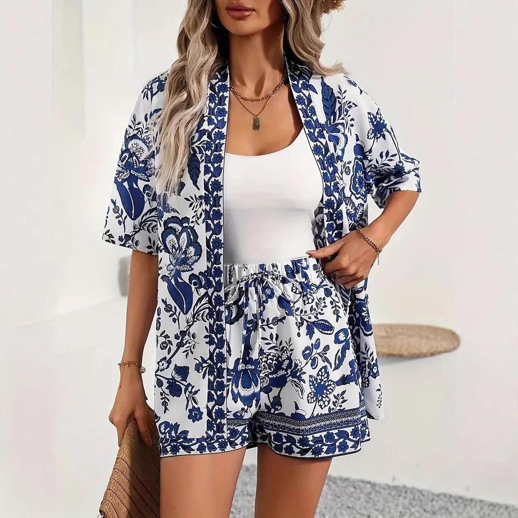 2025 Cross-Border Hot-Selling Elegant Vacation Print Two-Piece Set: Short Sleeve Shirt & High-Waist Tie Shorts