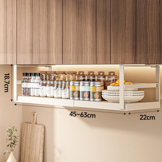Expandable Under Shelf Storage Rack Punch-free Hanging Slide-in Under Shelf Cabinet Organizer Stainless Carbon Steel Pantry Countertop Spice Holder