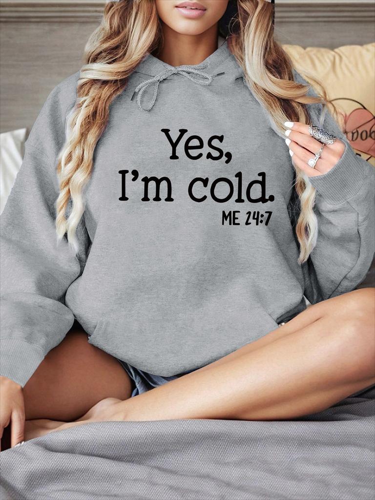 Yse,i'm Cold Letter Printed Autumn Winter Women's Hoodie Round Neck Long Sleeve Casual Daily Stylish Women's Sweatshirt Clothing