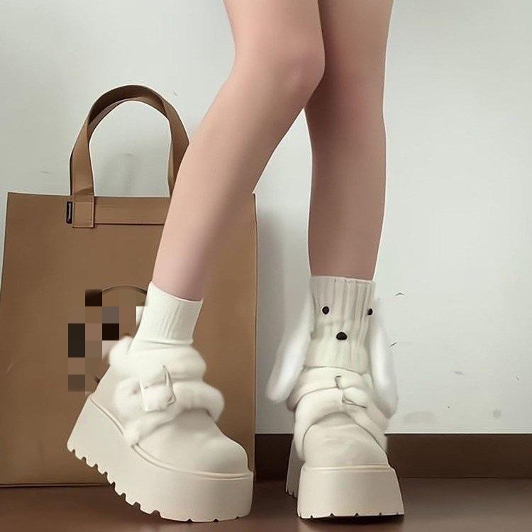 White Muffin Platform Snow Boots Winter New Small Height Increase Velvet Warm Birkenstock Cotton Shoes