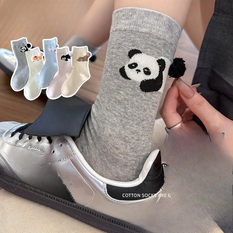 Bottom Ball Cartoon Animal Socks, Cute Mid-calf Socks for Girls, Solid Color, Versatile Panda Dui Dui Cotton Socks