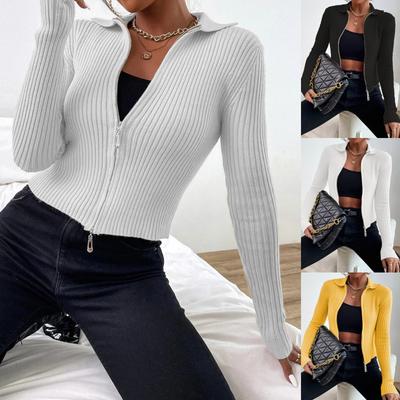 Doppel-reißverschluss Gerippte Strickjacke frauen Crop Cardigan Engen Sexy Revers Lange ärmeln Herbst Winter Pullover Top