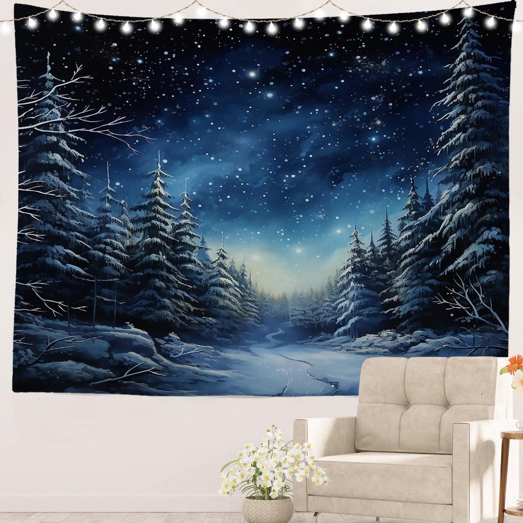 Navy Blue Watercolor Mountains Tapestry, Sky Wall Art Hanging Decoration Polyester Fiber White Ruffled Around For Dorm Room