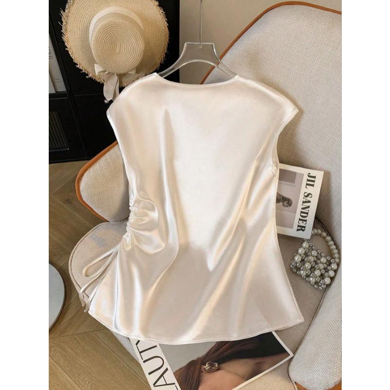 Women Satin V Neck Blouse Elegant Short Sleeve Side Drawstring Ruched Top Summer Casual Work Office Tunic Fashion Sleeveless Sweet Tank Tops for Women