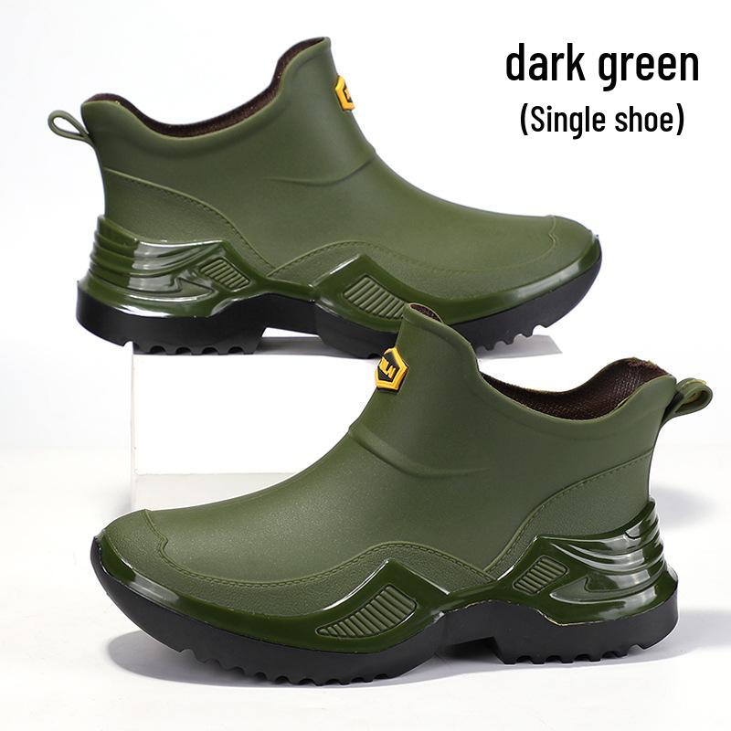 Men's Army Green Waterproof Rubber Rain Boots - Trendy, Cool, Non-Slip, Sports Style, Thickened, and Widened.