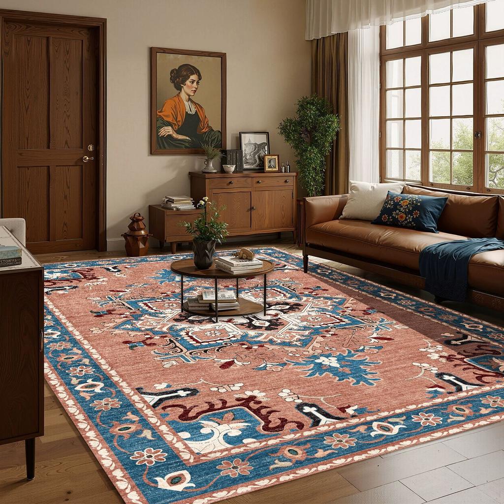 1pc Large Bohemian VintagenThin Lightweight TPR/ Backing, Turquoise Blue Beige Brown for Living Room Bedroom Kitchen Bathroom Indoor