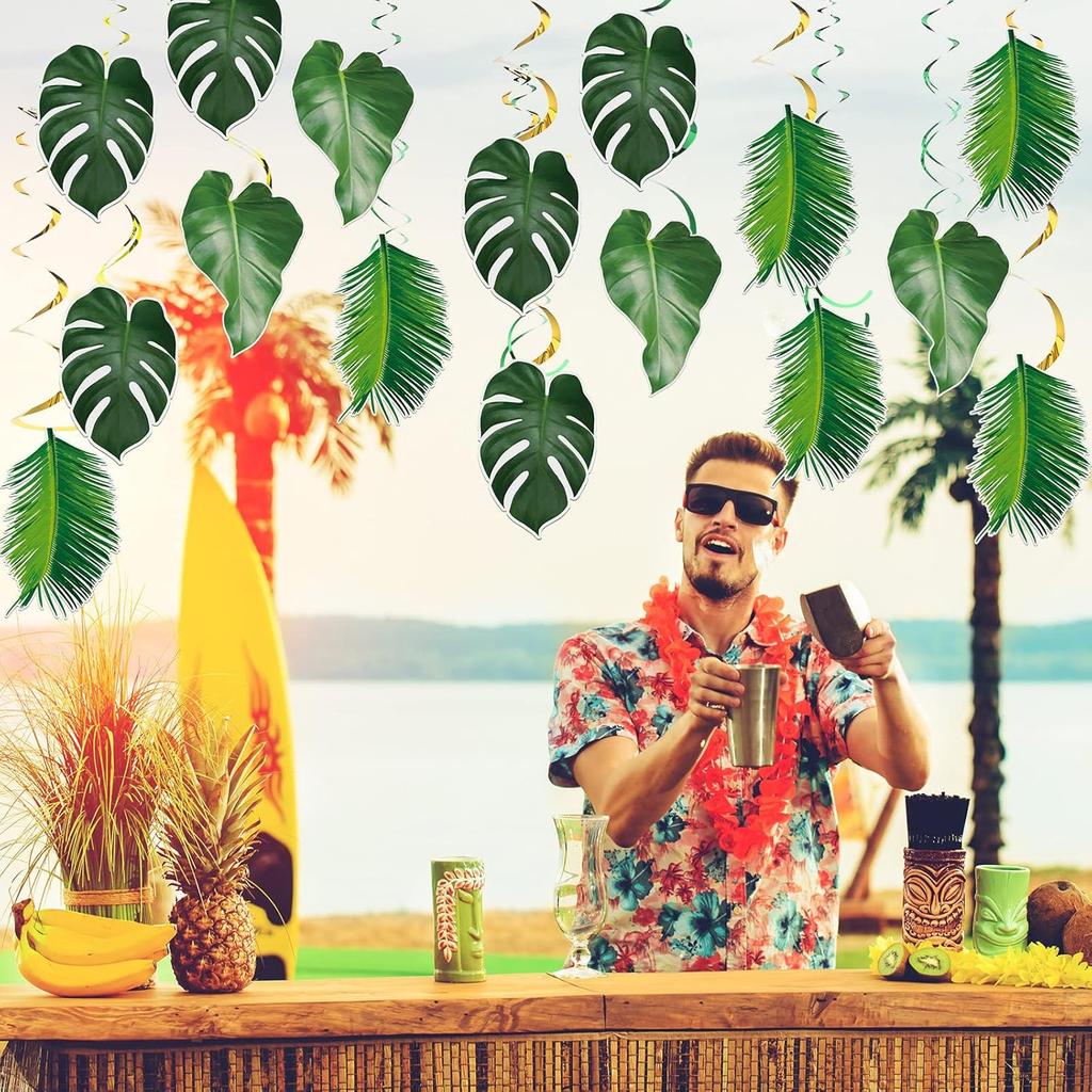 Geyee 51 Pcs Hawaiian Luau Party Palm Leaves Swirl Decorations Green Palm Leaves Hanging Decoration Ceiling Tropical Safari Jungle Party Decor for