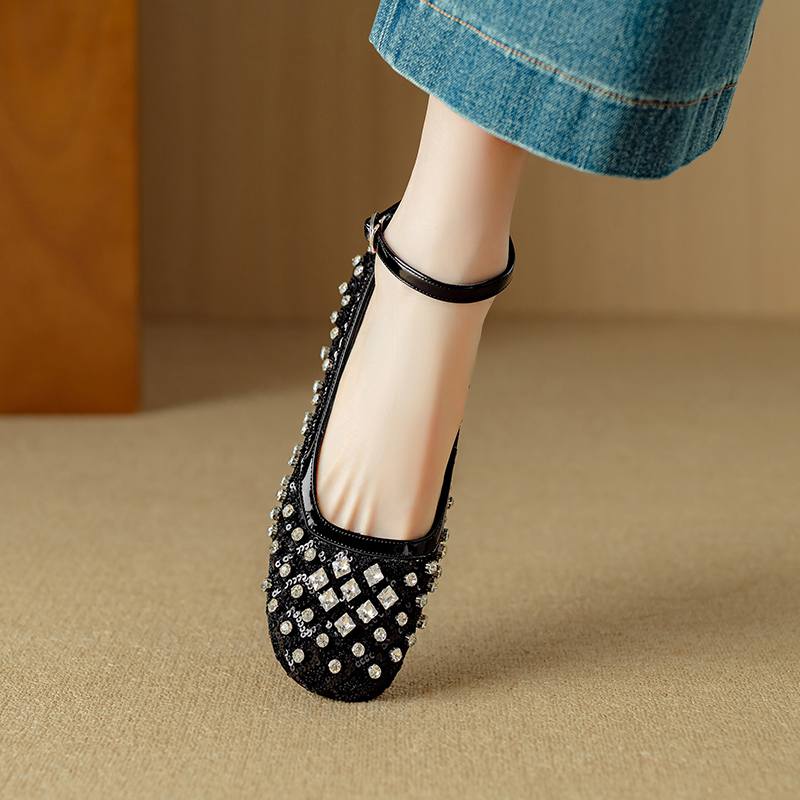 Krazing Pot Knitwear Sheepskin Summer Size 40 Crystal Low Heels Ankle Straps Rhinestone Square Toe Elegant Sweety Pumps