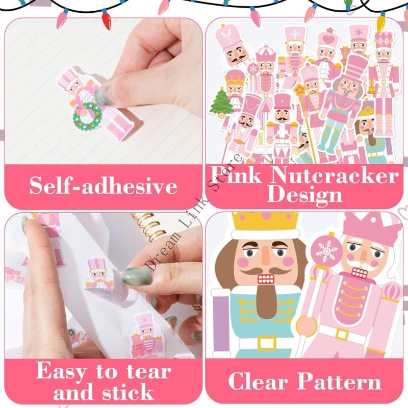 Q1FD Christmas Nutcrackers Sticker Rolls Selfs Adhesive Pink Nutcracher Sticker Xmases Nutcrackers King and Soldier Sticker