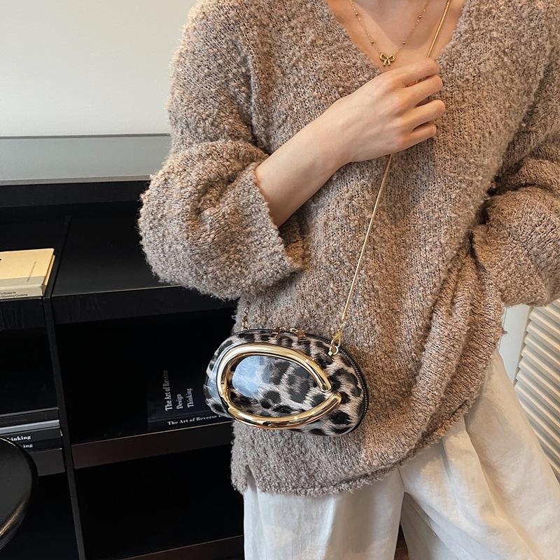 Leather Bag Women's Brown Leopard Party Evening Shoulder Bags For Vintage Chain Crossbody Bag Clutch Casual Metal Handbags Box Purse