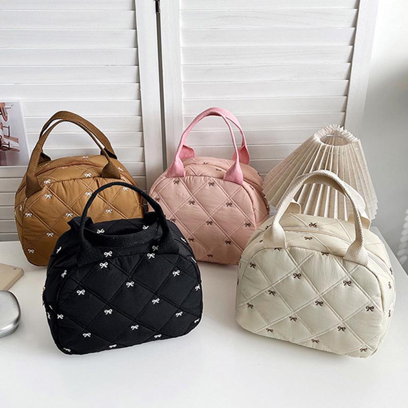 Stitching Embroidery Butterfly Knot Handbag Simple Style Soft Cotton Commuter Lunch Box Bag Student Handheld Bag Pouch