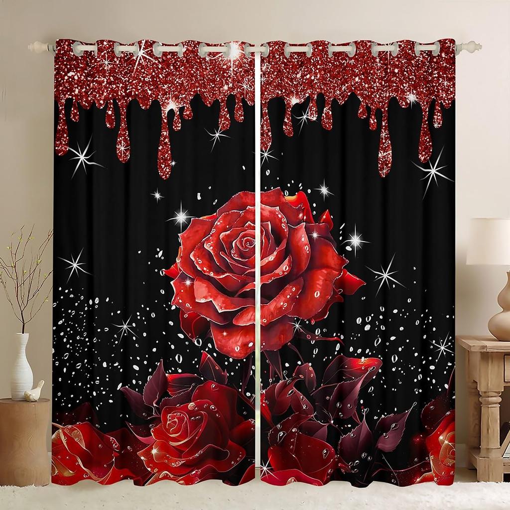 Valentine Day Curtain Red Rose Curtains Drapes Romantic Floral Window Couple Botanical Flower Treatments Polyester