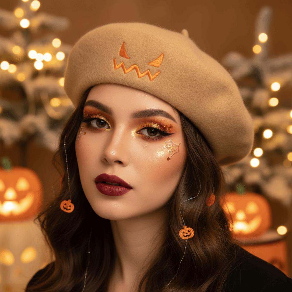 Embroidered Pumpkin Face Cap Lightweight Embroidered Painter Hat Pumpkin Beret Hat  Holiday Gift