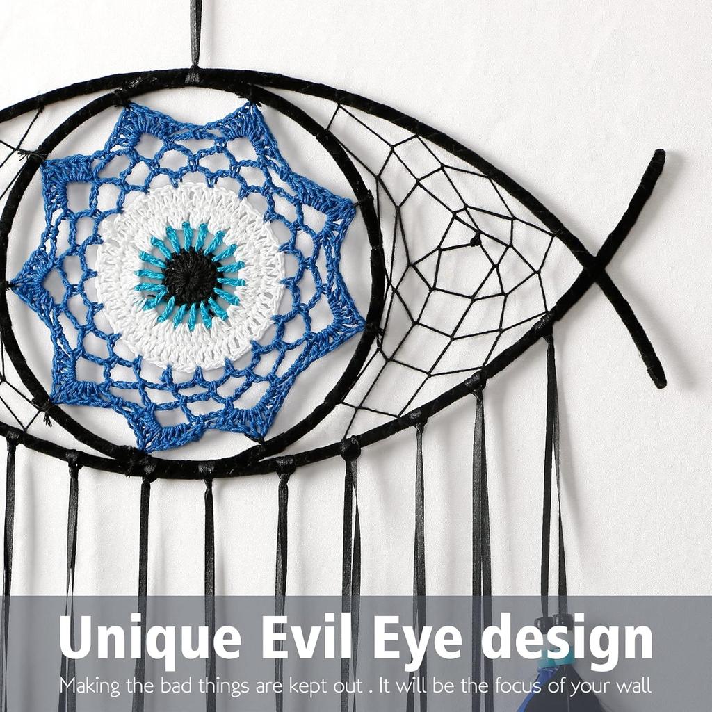 Dremisland Evil Eye Dream Catcher-Blue Black Dream Catchers Handmade Feather Evil Eye Wall Hanging Ornament Home Decor for Bedroom Livingroom Yard,