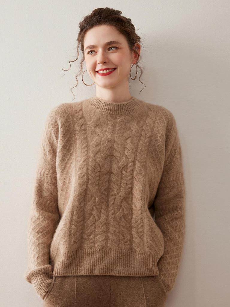 Women's Super Thick Cashmere Sweater: Round Neck, Soft, Fluffy, Loose Fit, Versatile Cable Knit for Autumn/Winter.