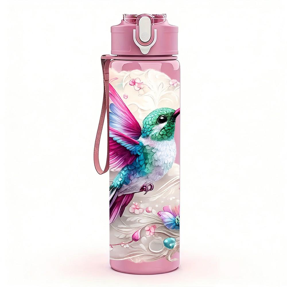 1PC Hummingbird Pink Watercolor Bird Print 750ml Color Plastic Sports Water Bottle Leakproof Flip Straw Lid Suitable for Sports Office Home Use
