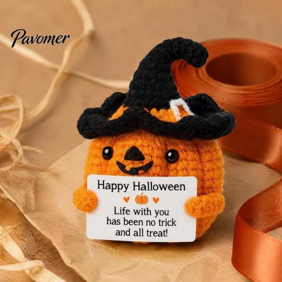 Hand Crocheted Seasonal Gift Handmade Crochet Positive Pumpkin with Witch Hat, Fall Boo Basket Stuffer, Woolen Ornament Mini Knitted Plush Figurine,