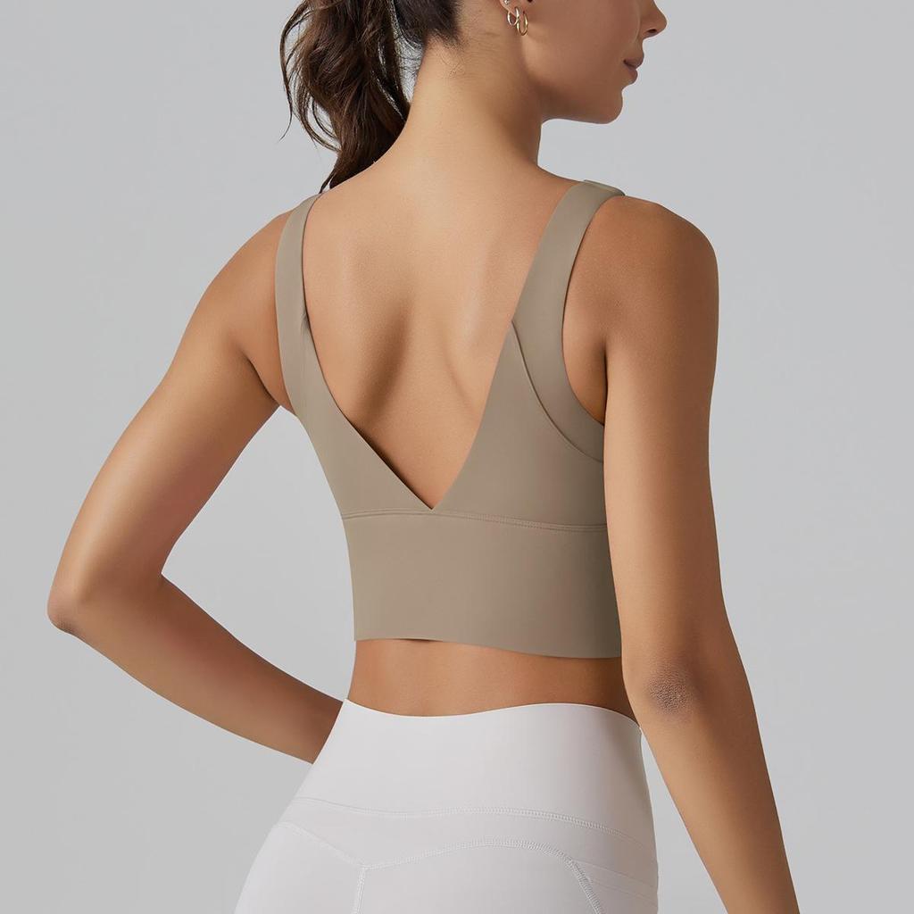 Nude Yoga Sports Bra with Deep V and Beautiful Back - Women's Fitness Vest with Integrated Cup