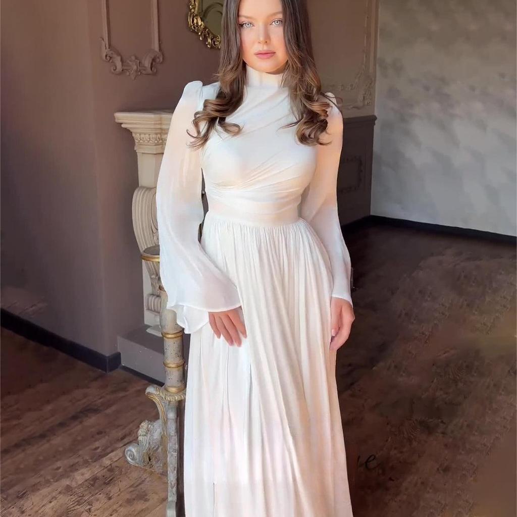 Frühlings- und Herbst-Damenkleid, halbhoher Ausschnitt, langärmelig, Teepause, französische Taille, lange Kleider