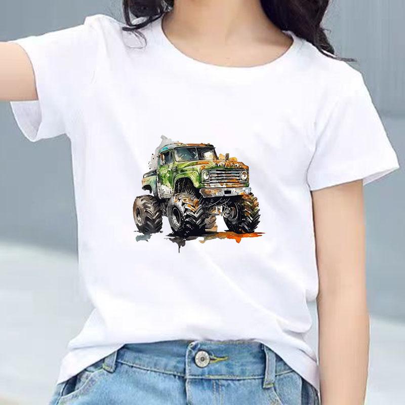 Kids Cotton T Shirt Watercolor Offroad Car Print Crew Neck Short Sleeve Tee Casual Breathable Boys Girls Summer Tops