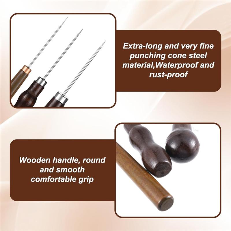 Sewing Awl Set 9 PCS Gourd Shape Wooden Handle Scratch Tool DIY Handmade Pin Punching-Needles Kit For Leather Sewing