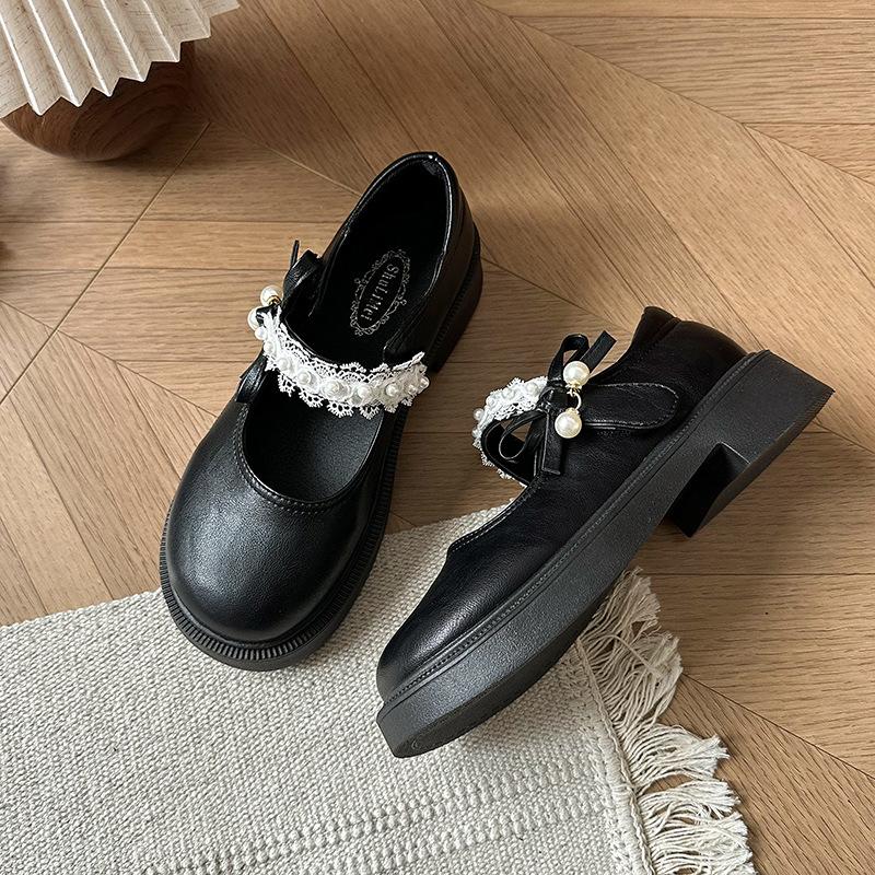 

Silver pearl bow platform Mary Jane single shoes women s spring and summer new with skirt small leather shoes 39 чёрный