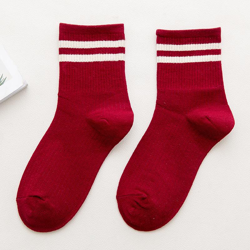 Japanese Style Women's Mid-Calf Cotton Socks - Double Stripe, Solid Color, Academy Style