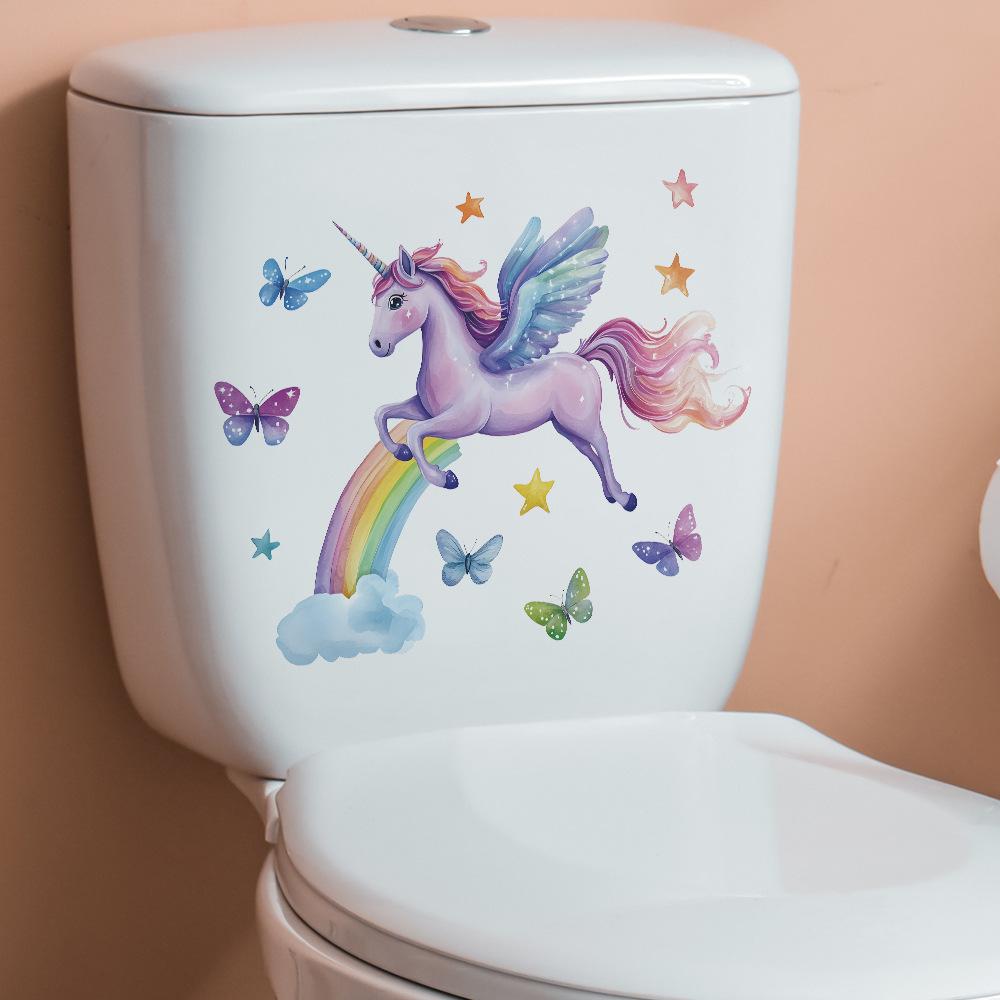 Playful Unicorn and Butterflies Hand Painted Toilet Sticker Waterproof Self-Adhesive Removable Decal for Bathroom WC Home Decor