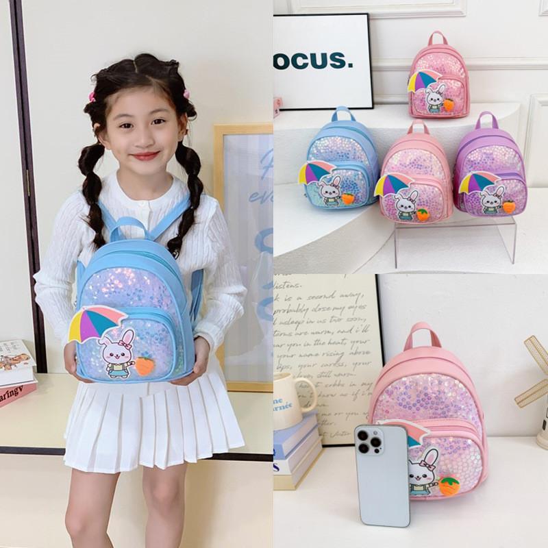 Girl Boy Cartoon Kids Backpack With Shiny Sequin Rabbit Decor For Educational Use