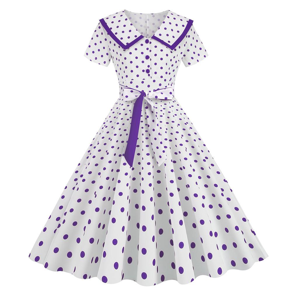 

Women s Elegant Retro Polka Dot Dress With Belt For Summer L