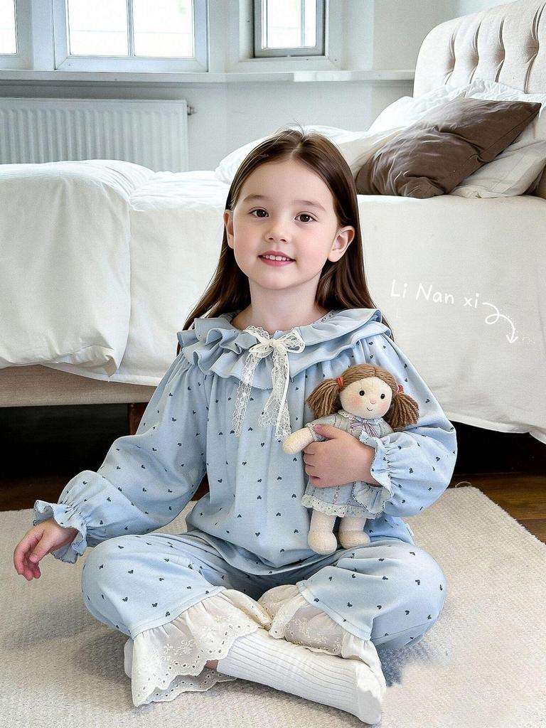 86010 Mädchen Spitzen-Pyjama-Set - Frühjahrs-Kollektion 2026 Klasse A Reiner Baumwollstoff