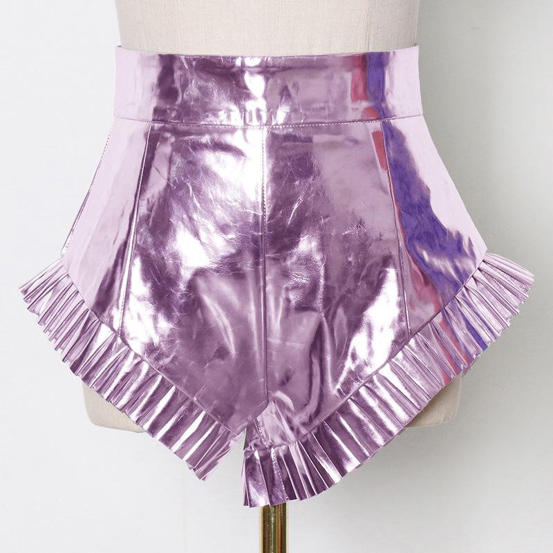 2025 Summer High Waist Zippered Pleated Silver PU Shorts for Women