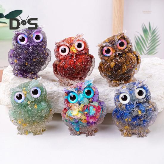 Přírodní křišťálová figurka sovy Ručně vyrobená socha sovy z pryskyřice naplněná křišťálovými kameny Stolní ozdoba sovy pro domácí kancelář Dekorace auta Reiki léčení
