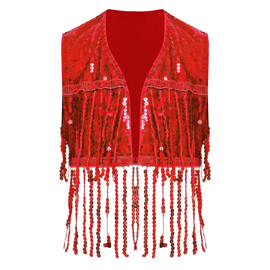 Girls Shiny Sequin Tassel Vest Sleeveless Open Front Fringed Crop Top Waistcoat for Jazz Dance