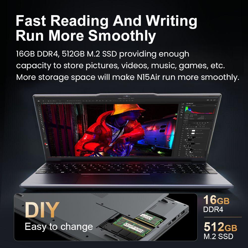 Ninkear N15 Air Laptop, 15.6 Inch 1920x1080 IPS Screen, Intel N150 4 Core Max 3.6GHz, 16GB RAM 512GB SSD