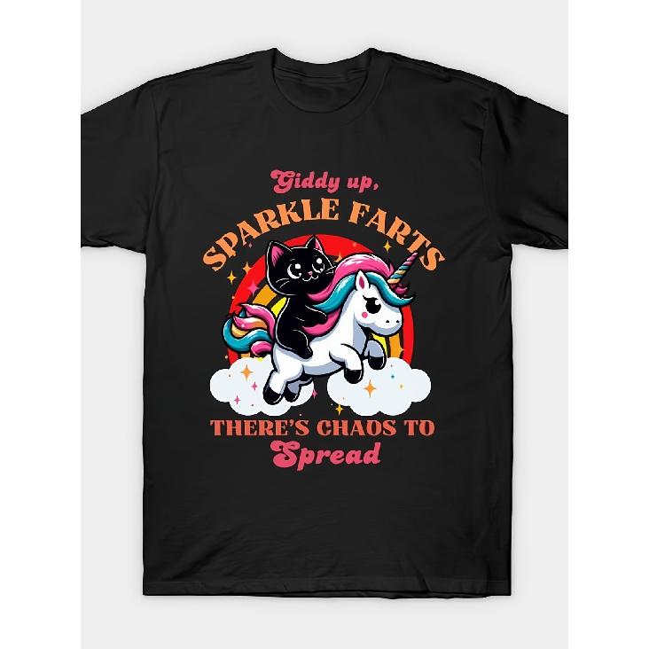 Giddy Up, Sparkle Farts There s Chaos To Spread T-Shirt - Humorous Black Cat Riding Magical Unicorn Graphic Tee, Casual Crew Neck Short Sleeve Black S чёрный