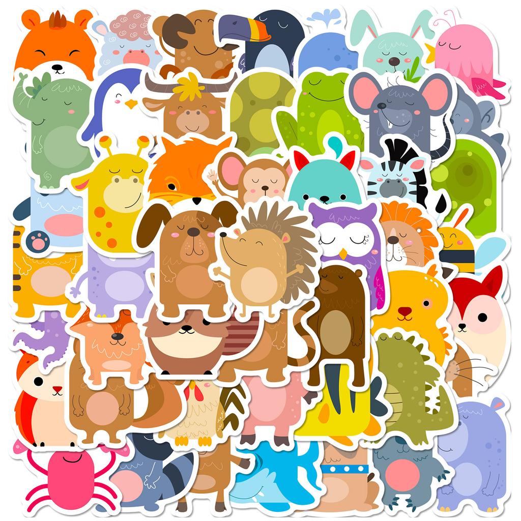 50 Round Animal Stickers Cute Cartoon Fun Round Animal Stickers Graffiti