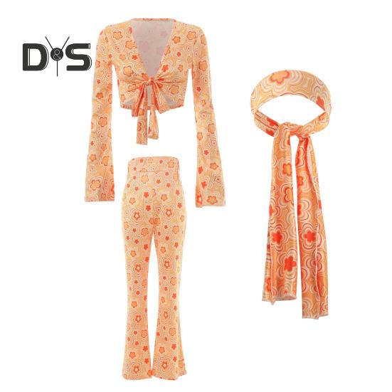 

Женский сценический костюм из 3 предметов, с V-образным вырезом, на шнуровке, с длинными рукавами, укороченный топ, высокая талия, расклешенные брюки, повязка на голову с принтом, ретро-дискотека XL жёлтый