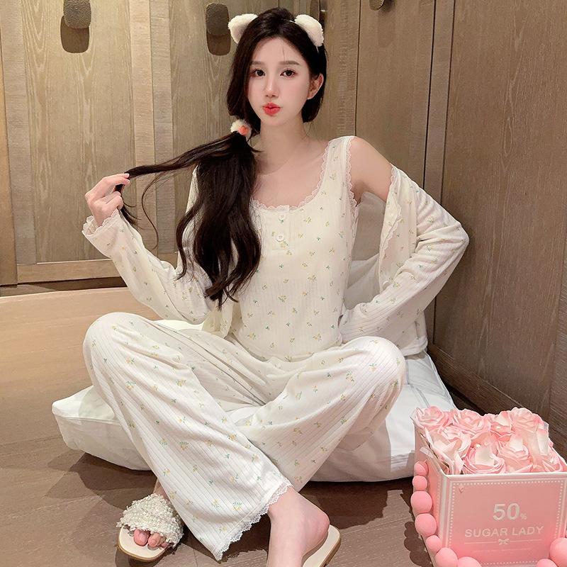 Oh Mi Da Spring and Autumn Long Sleeve Pajamas Women's Sexy Suspender Three-piece Set with Chest Pad Floral High-end Homewear Set