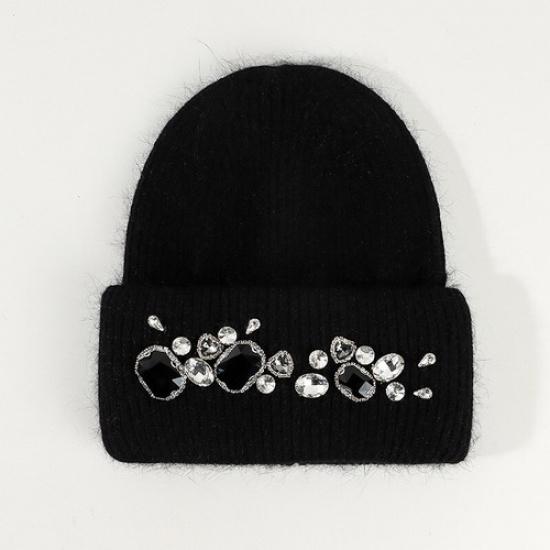 Women Rhinestone Knitted Hat Warm Ski Beanie Cap Crystal Beads Decor Winter Hat