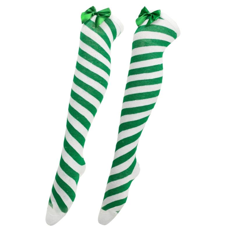 Striped Stockings For Women Over The Knee Long Socks Christmas Green Red Bowknot Long Socks Female Leg Stocking