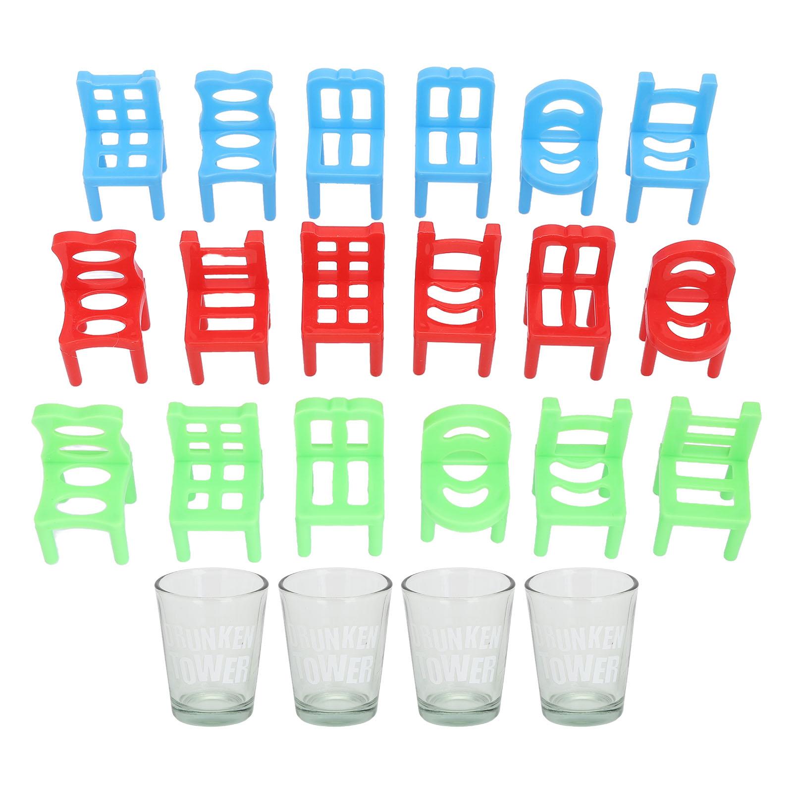 18 Plastic Chairs 4 Glass Cups Set Tumbling Drinking Game for Party Travel Promotions