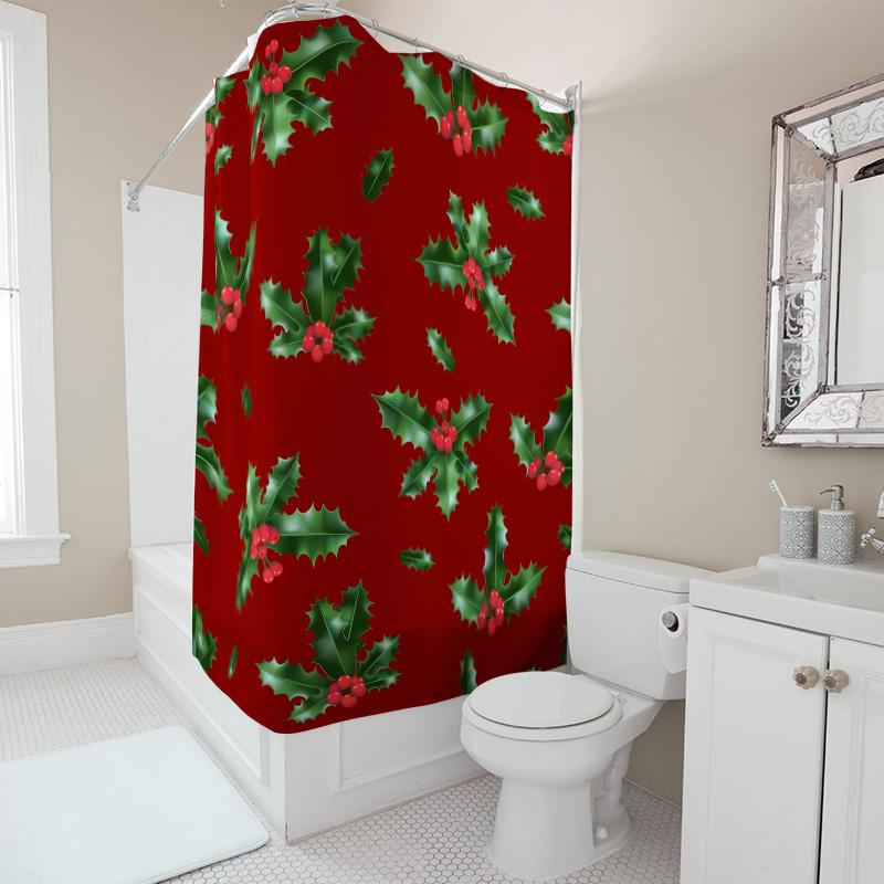 TU Bathroom Shower Curtain Christmas Holiday Festive Decor Red Green Holly Berry Pattern Waterproof Fabric Backdrop for Spa