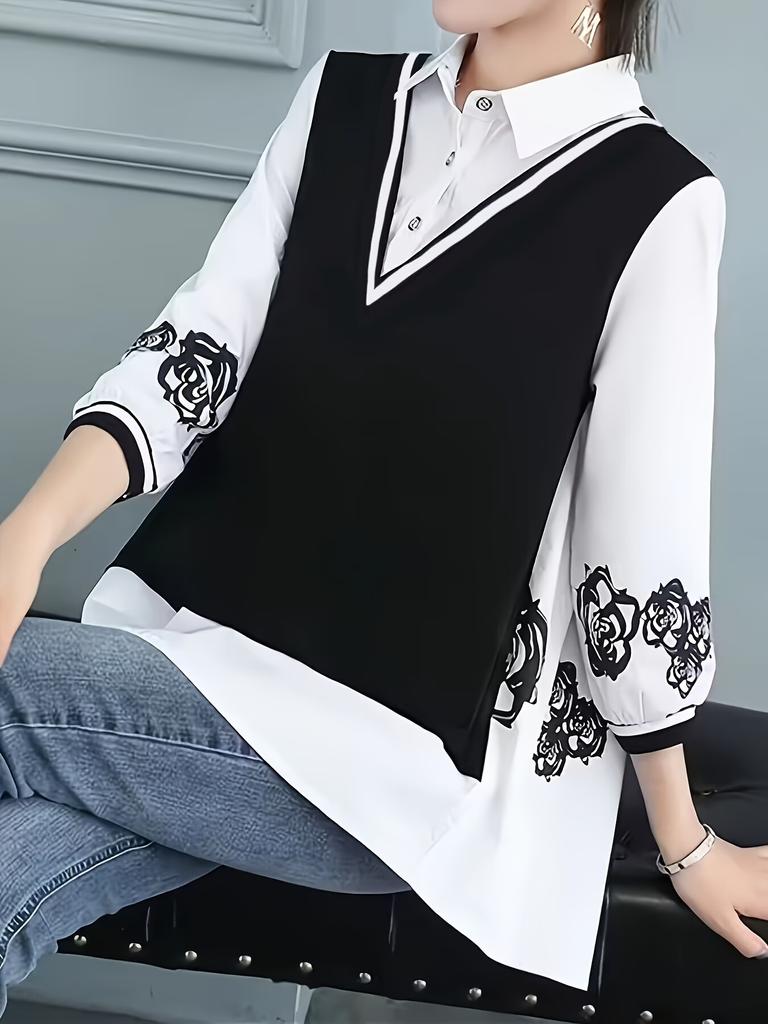 2 In 1 Button Front Blouse, Elegant 3/4 Sleeve Blouse for Spring & Fall, Women's Clothing