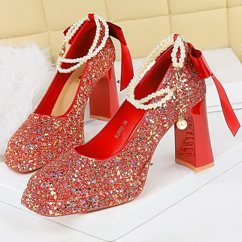 Shoes 2025 Pearl Chain Design Women Pumps Sequin Platform High Heels Square Head Thick Heeled Shoes with Women Heels