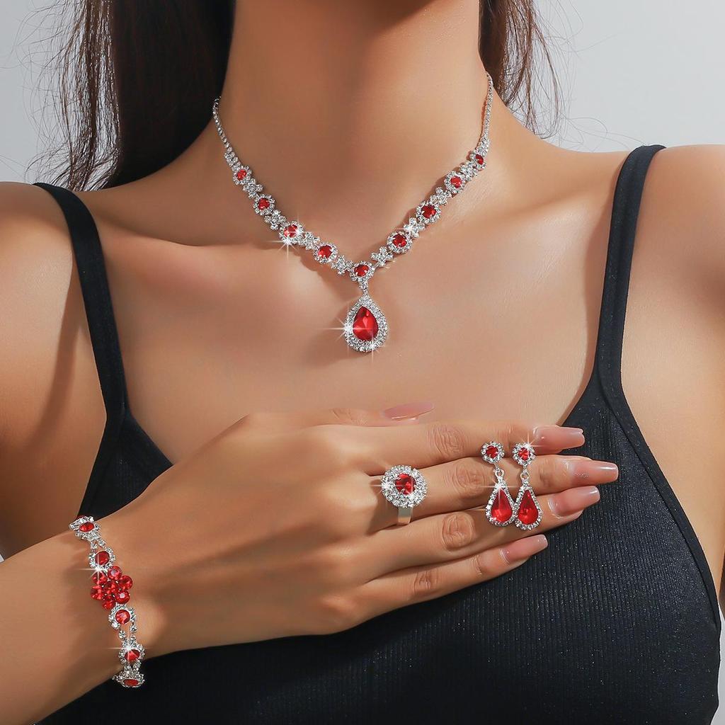 European & American Multi-Color Rhinestone Jewelry Set: Green, Blue & Red Necklace, Earrings, Bracelet & Ring